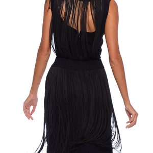 1960S Black Rayon Crepe Lbd Cocktail Dress With Draped Long Fringe Back image 6