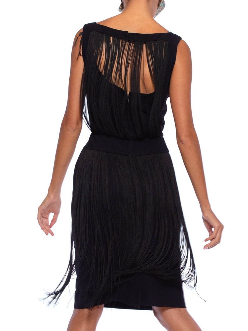 1960S Black Rayon Crepe Lbd Cocktail Dress With Draped Long Fringe Back image 6
