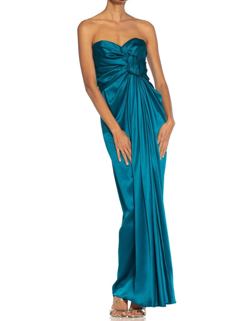 1980S Yves Saint Laurent Teal Haute Couture Silk Satin Draped Strpless Gown 画像 5