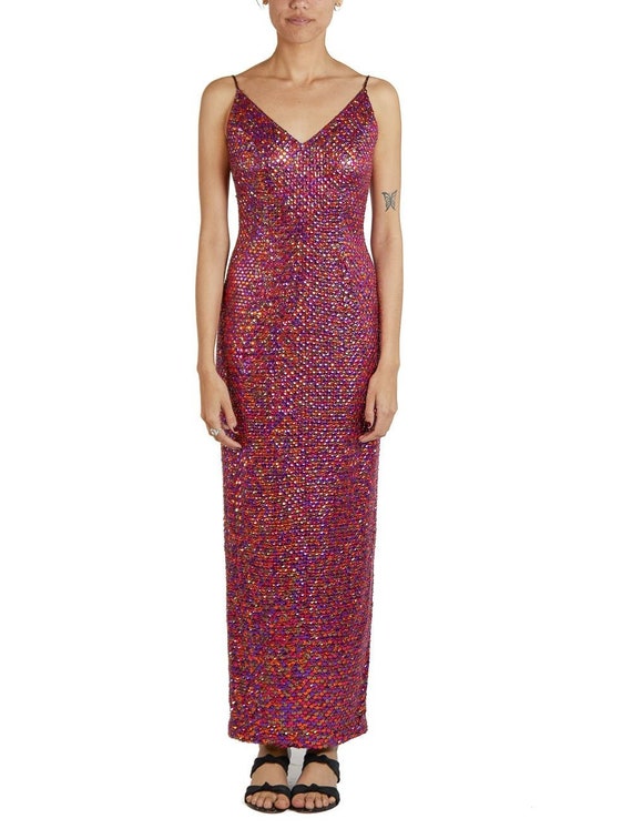 1990S Pink & Purple Polyester Stretch Sequined Gow