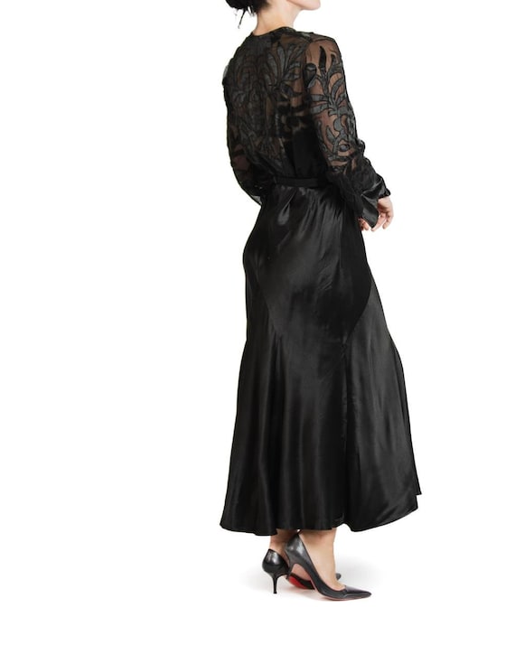 1930S Black Silk Satin Bias Cut Long Sleeve Gown - Gem