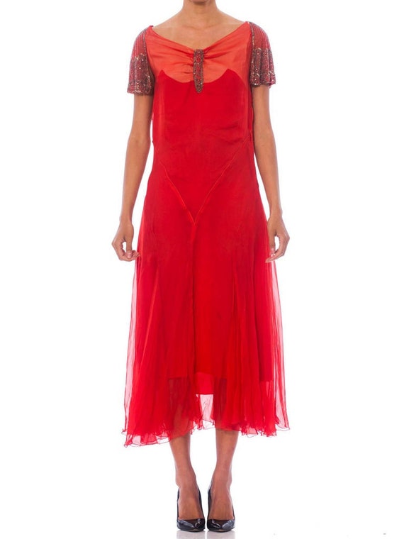 1920S Red Silk Chiffon Silver Beaded Cocktail Dre