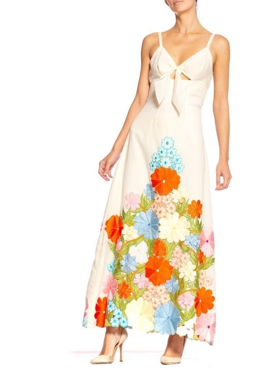 1970'S Rainbow Floral Embroidery Maxi Dress
