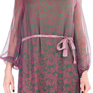 1980S Pink & Grey Silk Chiffon Paisley Printed Sheer Sleeve Dress With Belt image 4