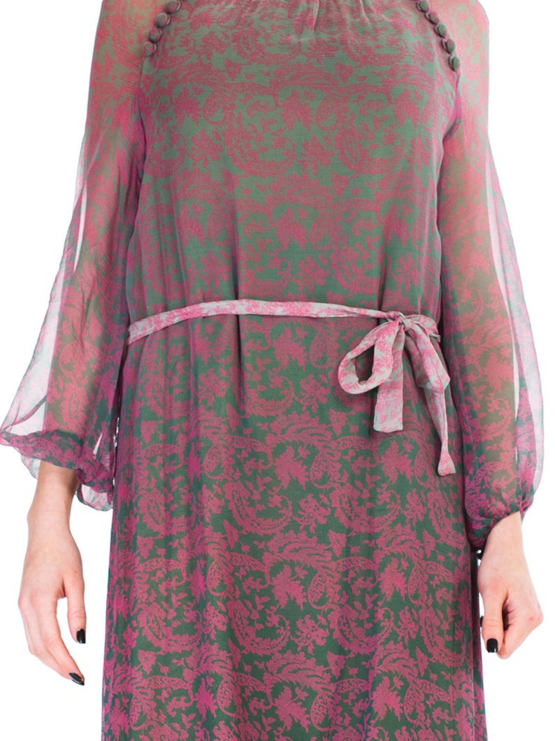 1980S Pink & Grey Silk Chiffon Paisley Printed Sheer Sleeve Dress With Belt image 4