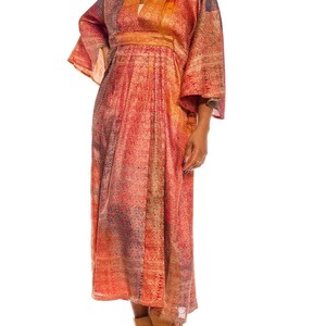 Morphew Collection Orange Yellow Multicolor Metallic Gold Silk Kaftan Made From Vintage Saris image 6