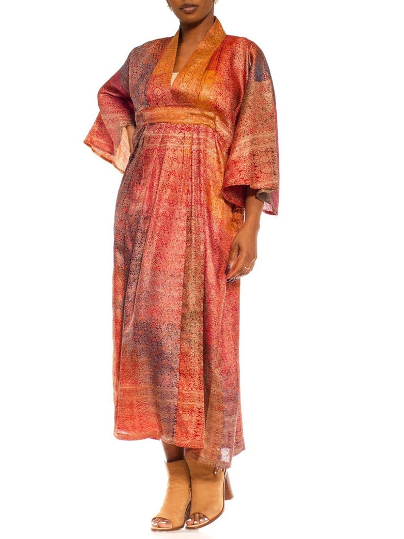 Morphew Collection Orange Yellow Multicolor Metallic Gold Silk Kaftan Made From Vintage Saris image 6