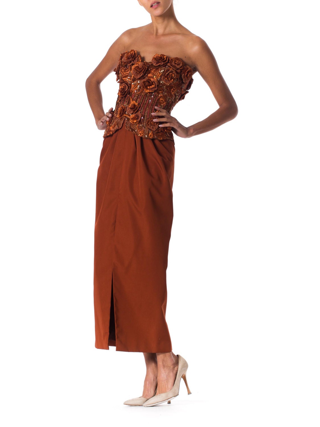 1980S Copper Silk Ottoman Strapless Couture Gown With 3D Embroidered
