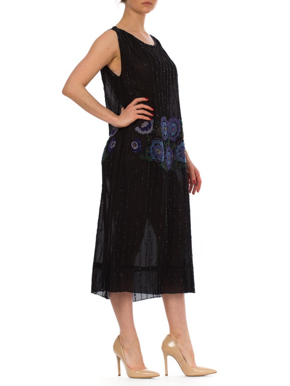 1920S Black Silk Chiffon Flapper Dress With Blue … - image 2