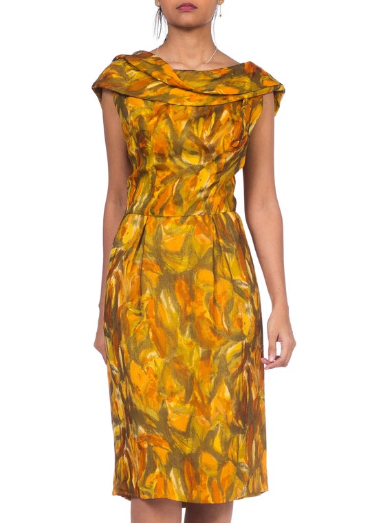 1950S Mustard Yellow & Olive Green Silk Chiffon Abstract Expressionist Floral Boat Neck Dress With Low Back