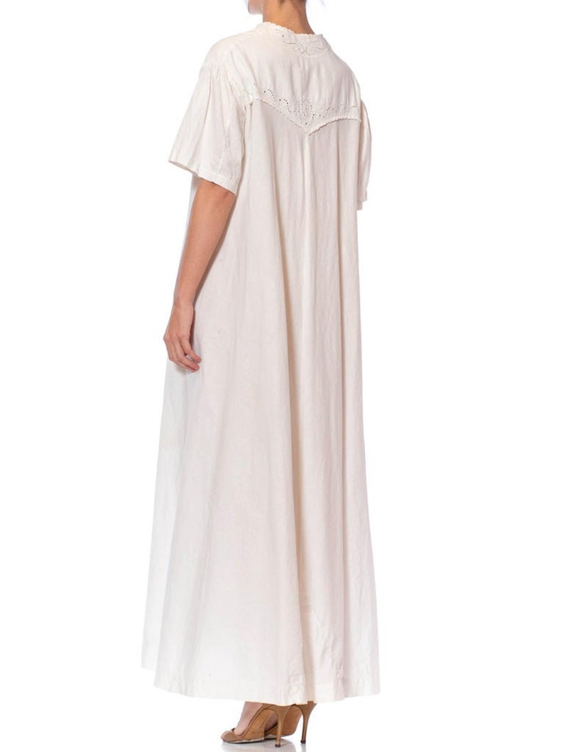 Victorian Off White Hand Embroidered Organic Linen Short Sleeve Nightgown Duster Dress image 7