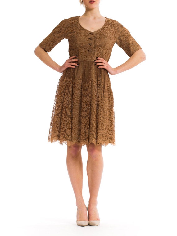 1950S Nat Kaplan Brown Rayon Silk Chantilly Lace