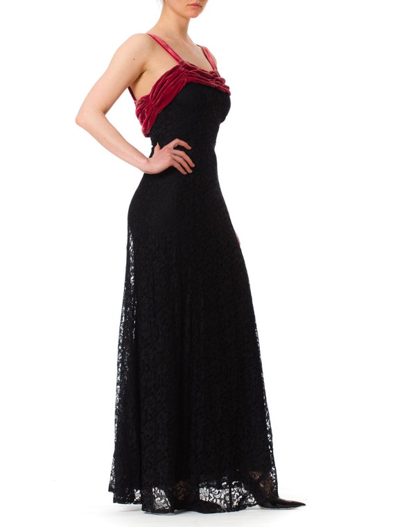 1930S Black Rayon Lace Bias Cut Gown With Raspber… - image 2