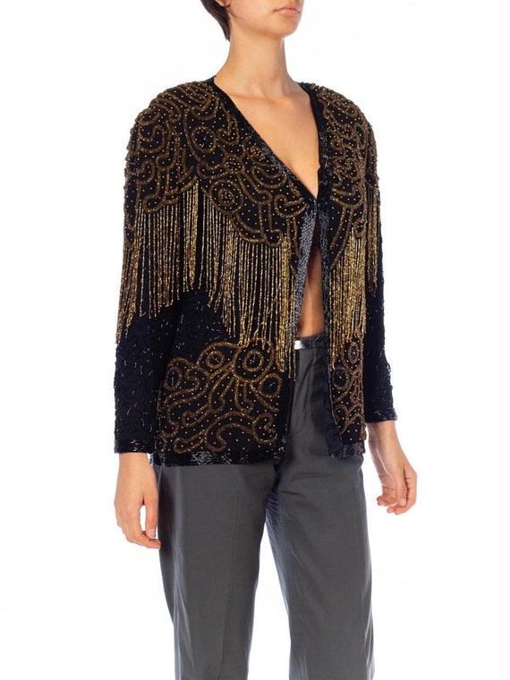 1980S Black  Gold Silk Beaded Fringe Jacket - image 9