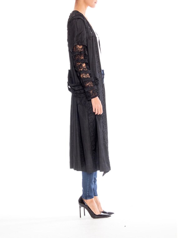 Edwardian Black Silk Dupioni & Lace Duster With B… - image 3