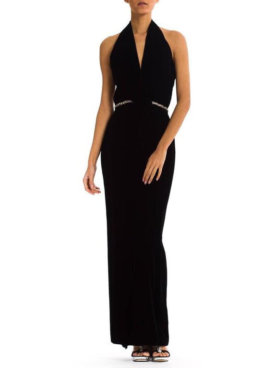 1970S Ceil Chapman Velvet Plunging Halter Neck Gow