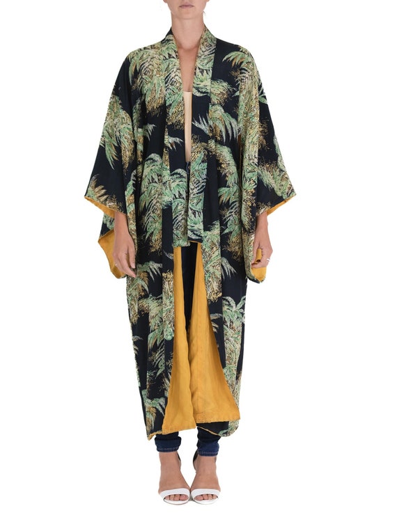 1940S Black Silk  Rayon Rare Tropical Print Kimono - image 1