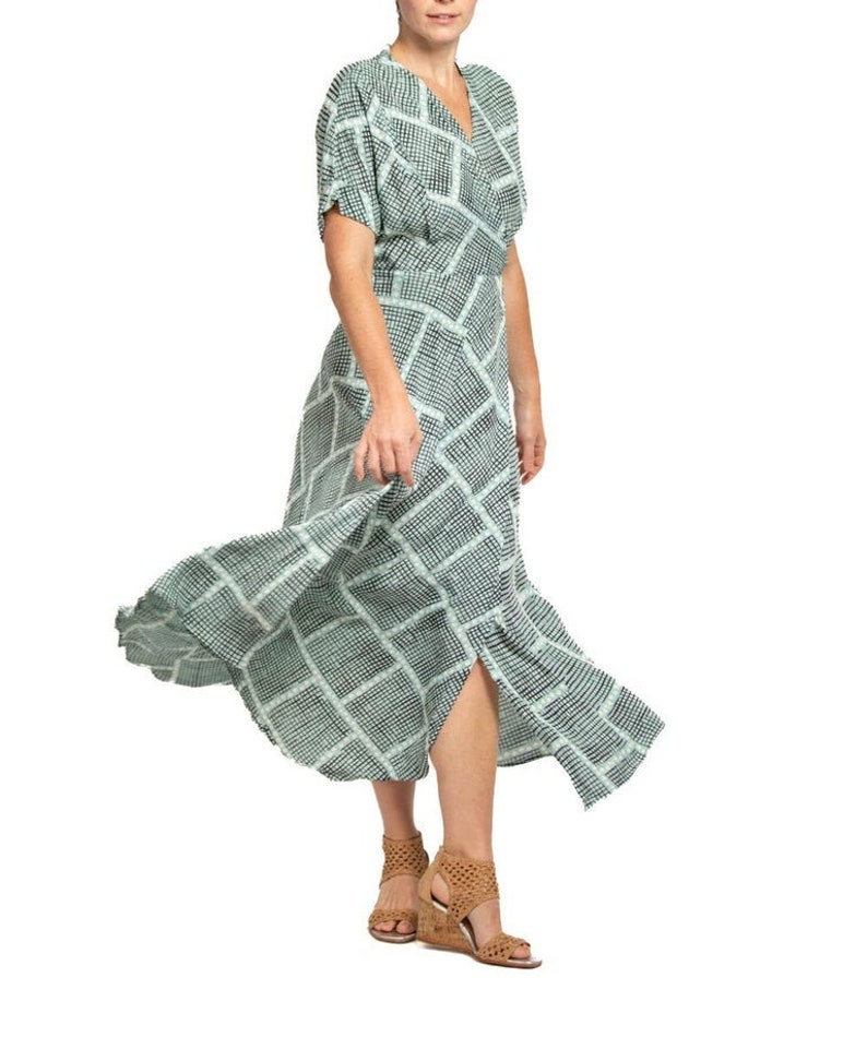 1940S Light Blue & Black Cold Rayon Geometric Print Wrap Dress image 9