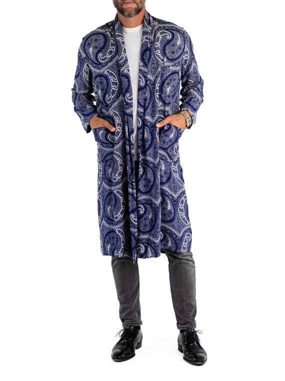 1940S Navy Blue Rayon Paisley Robe