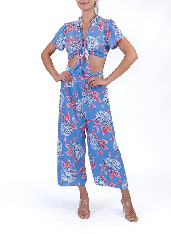 1940S Blue  Pink Cold Rayon Floral Crop Top Pants… - image 5