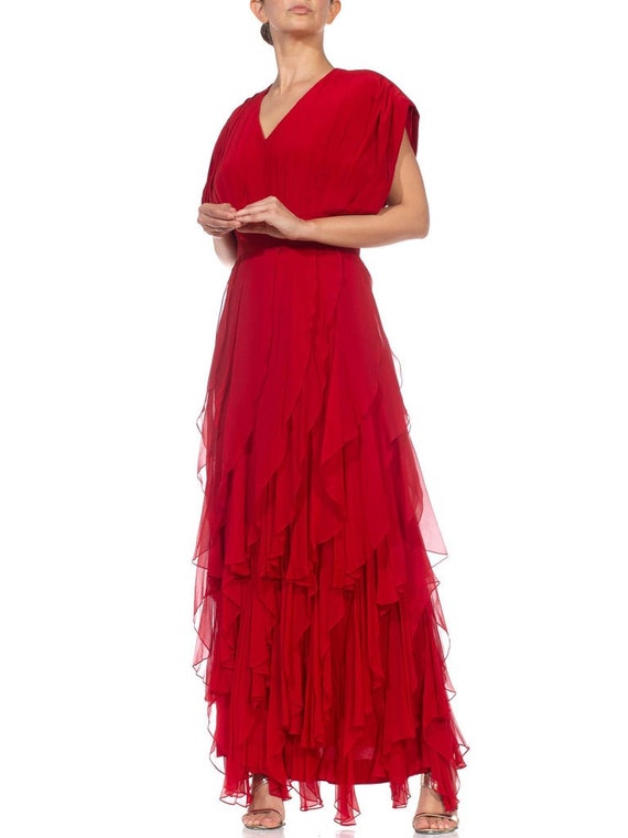 1980S Red Silk Chiffon Pleated Bodice Gown With B… - image 6