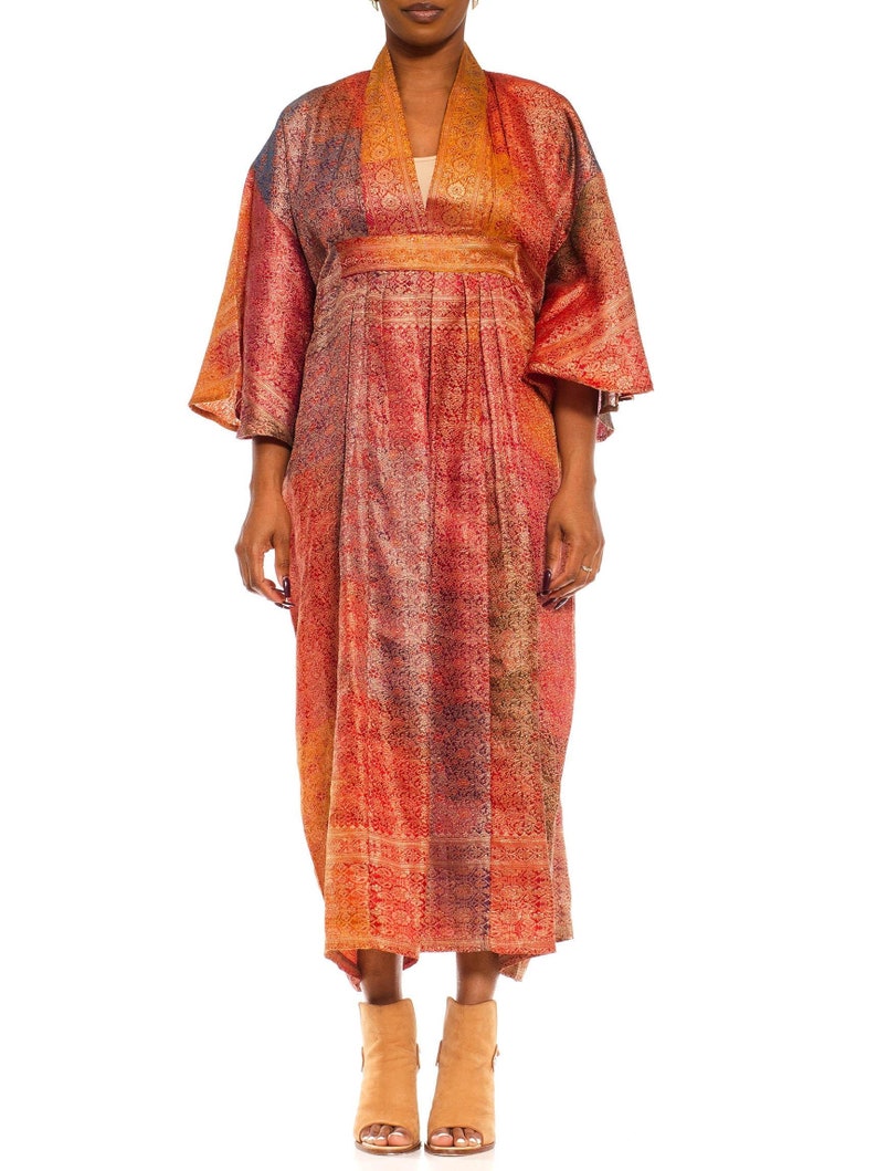 Morphew Collection Orange Yellow Multicolor Metallic Gold Silk Kaftan Made From Vintage Saris image 1