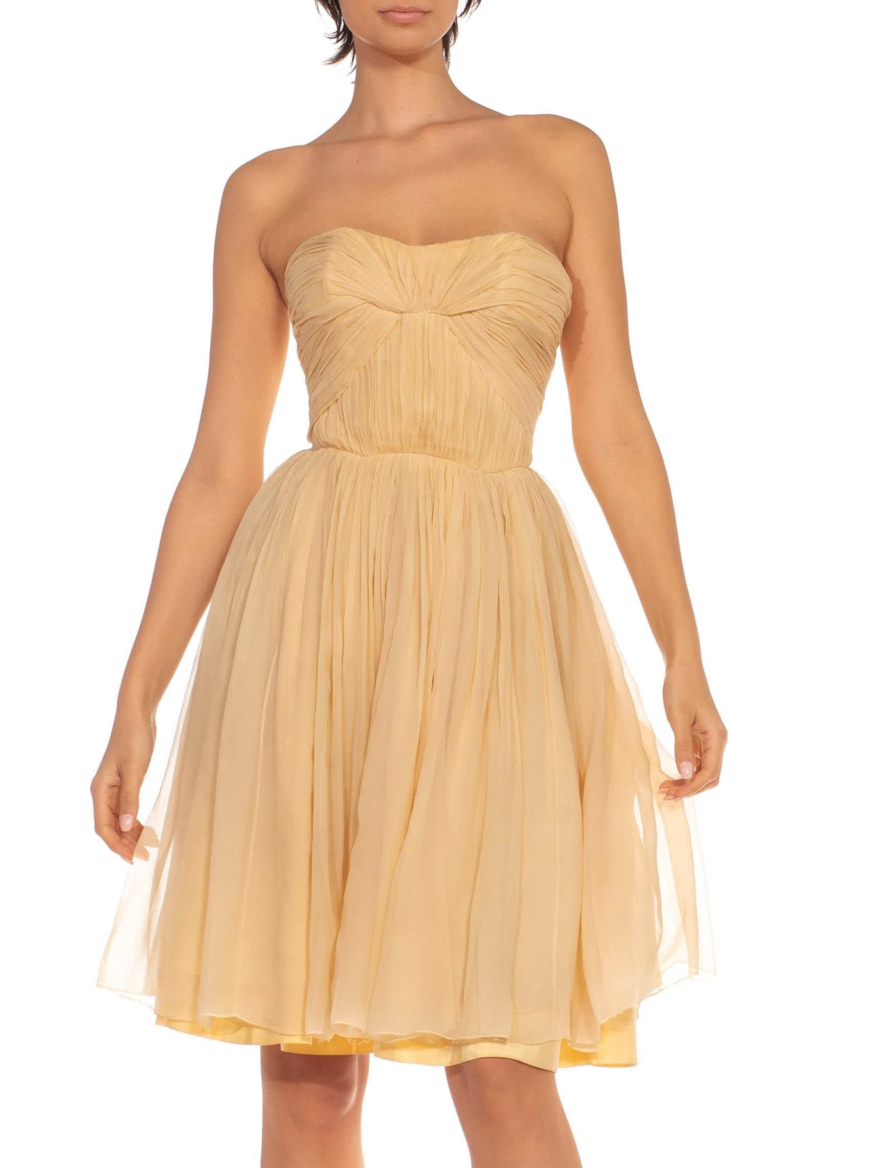 1950S Pierre Balmain Ivory Silk Chiffon Ruched Strapless Cocktail Dress