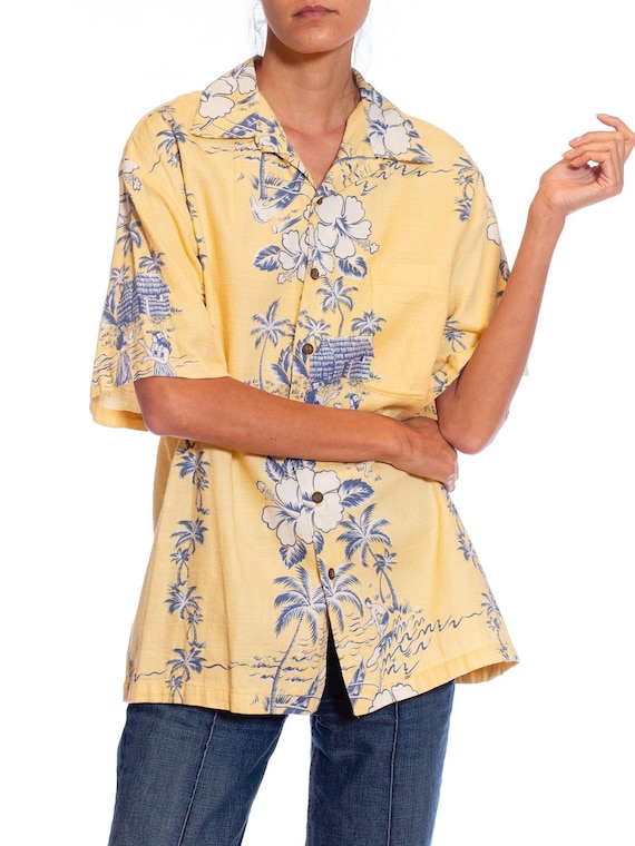 1980S Butter Yellow Cotton Barkcloth Mens Aloha S… - image 1