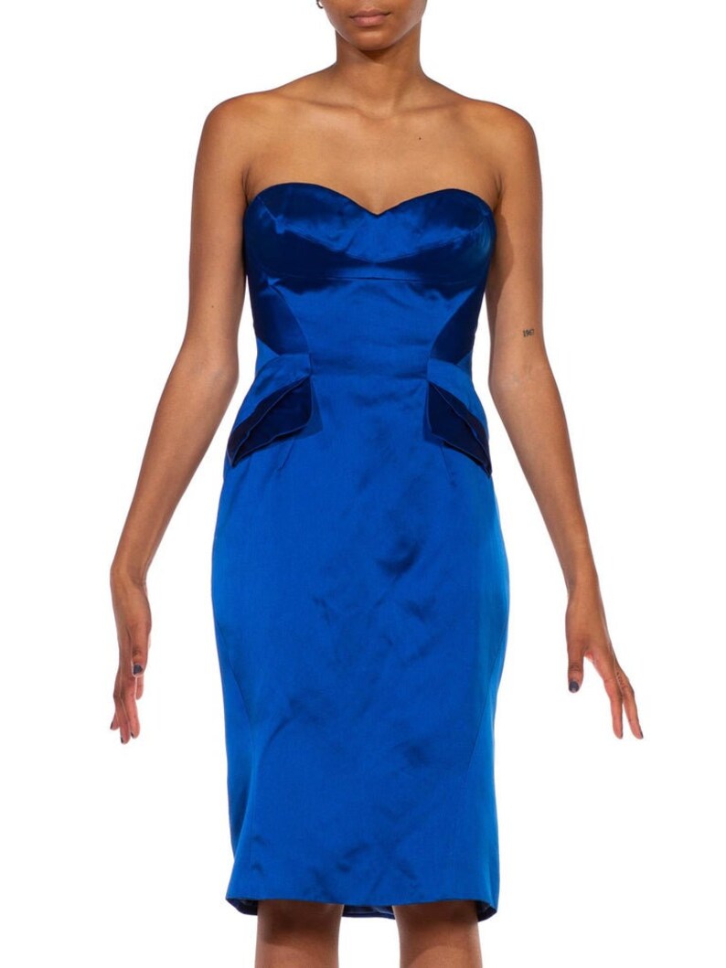 2000S Zac Posen Electric Blue Silk Duchess Satin Strapless Cocktail Dress image 6