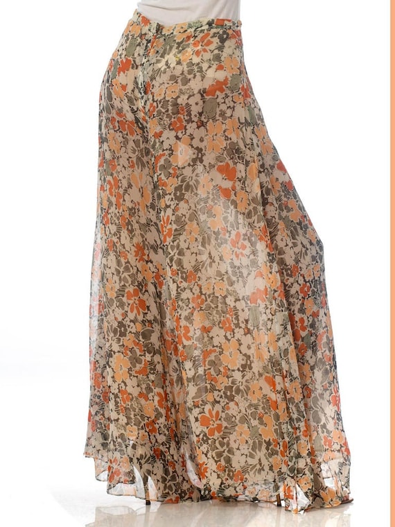 1970'S Floral Chiffon Wide-Leg Palazzo Pants - image 5