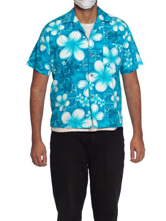 1960S Teal Hawaiian Cotton Barkcloth Men’S Shirt
