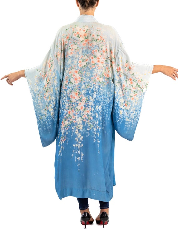 1920S Blue  White Silk Ombré Floral Print Kimono