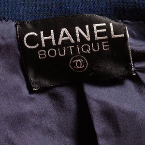 1970S Chanel Navy Blue Wool Blend Jersey Pant Suit With Black Satin Trim Gold Buttons image 9