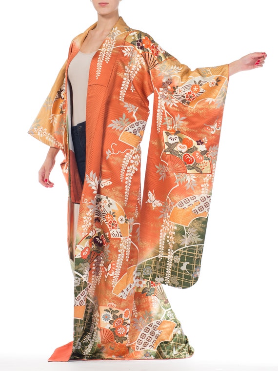 1970S Floral Japanese Print With Fans  Kimono