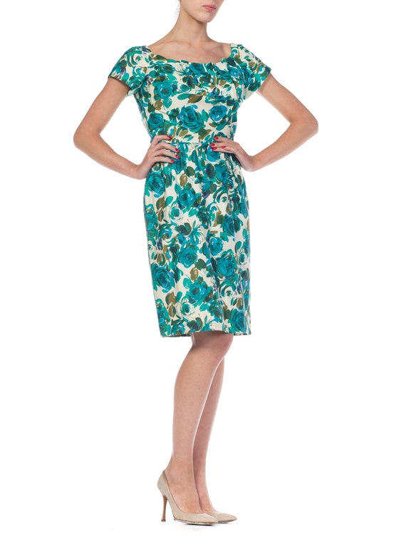 1950S Teal Floral Print Cotton Draped Bodice Dres… - image 3