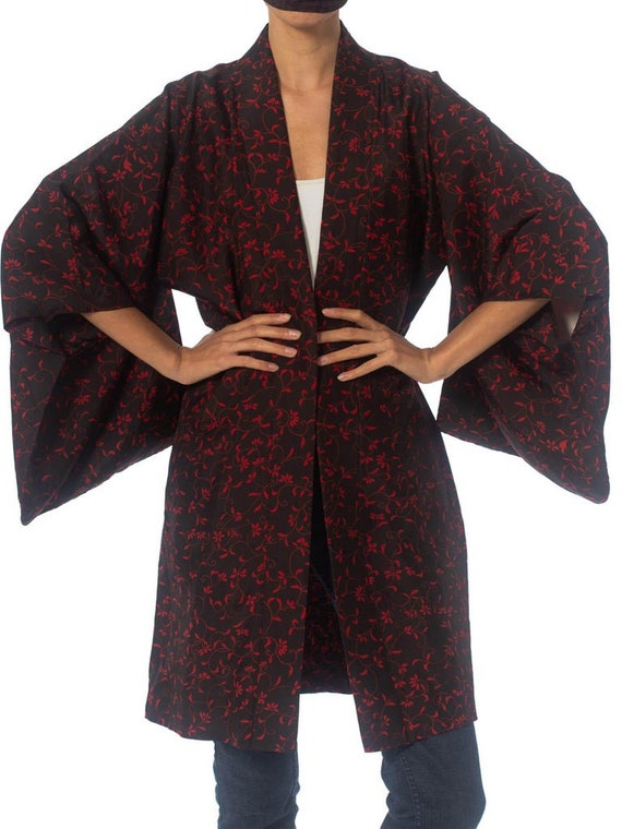 1950S Black & Red Silk Floral Japanese Kimono - image 3