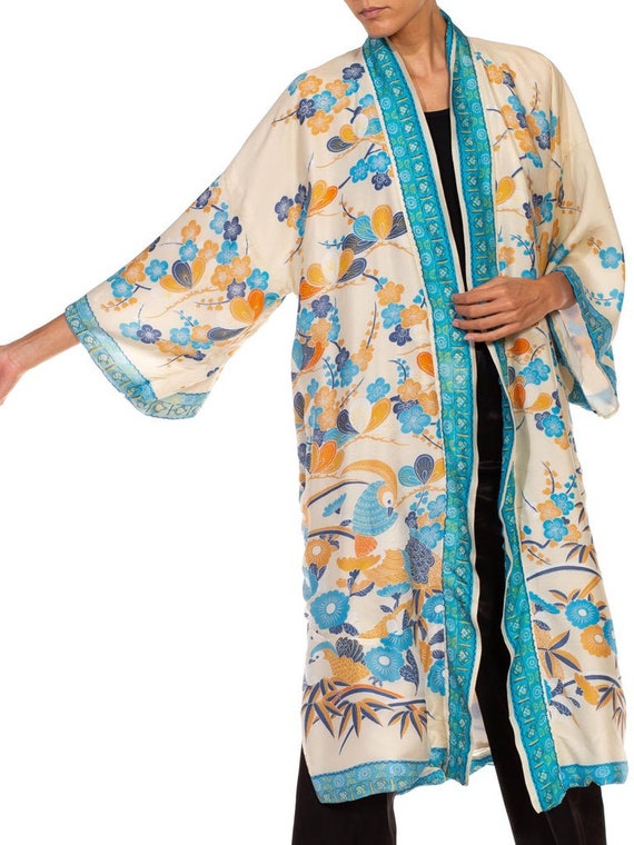 1960S Blue  Cream Floral Silk Kimono - image 7