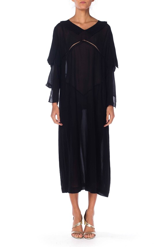 1920S Black Silk Chiffon Long Sleeve Day Dress Wit