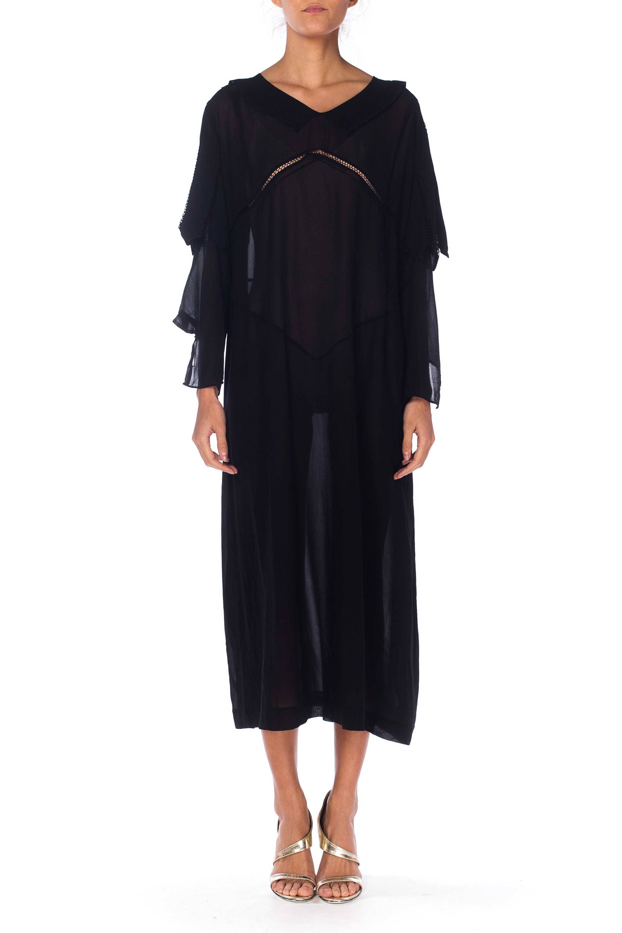1920s Black Silk Chiffon Long Sleeve Day Dress with Pleated Ruffle at The Collar