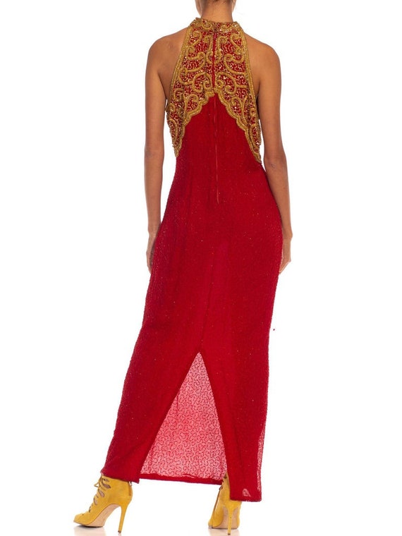 1980S Red & Gold Silk Fully Beaded Halter Gown Bo… - image 6