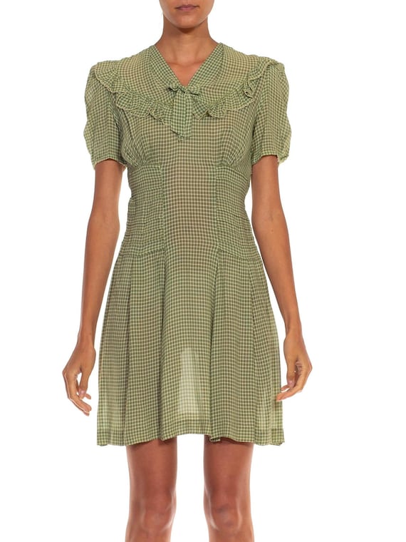 1930S Green  White Cotton Checkered Dress