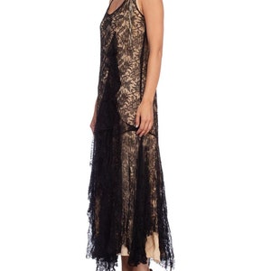 1920S Black Silk Chantilly Lace Flowy Cocktail Dress With Original Slip And Flower Corsage image 4