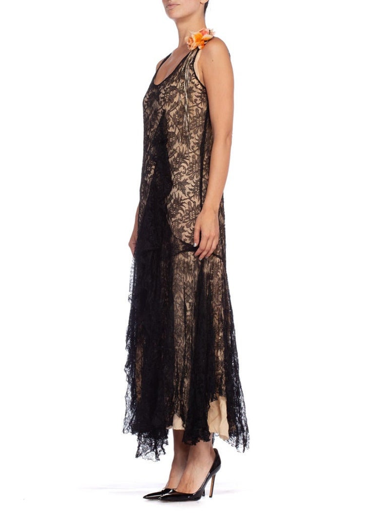 1920S Black Silk Chantilly Lace Flowy Cocktail Dress With Original Slip And Flower Corsage image 4