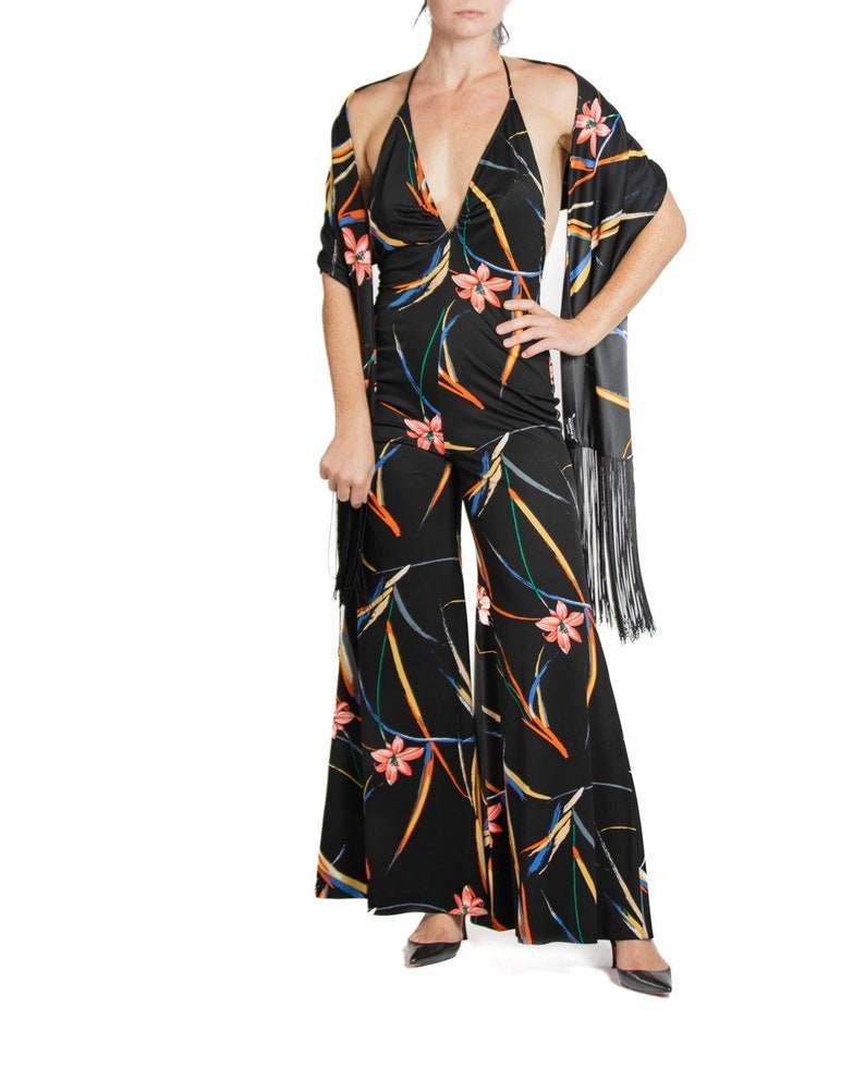 1970S Black & Tropical Rayon Jumpsuit With Matching Shawl image 4