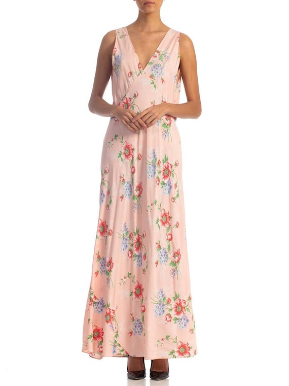 1940S Floral Bias Cut Rayon Negligee With Lace Nec