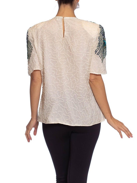 1980S Off White Silk Beaded Peacock Feathers Top - image 6