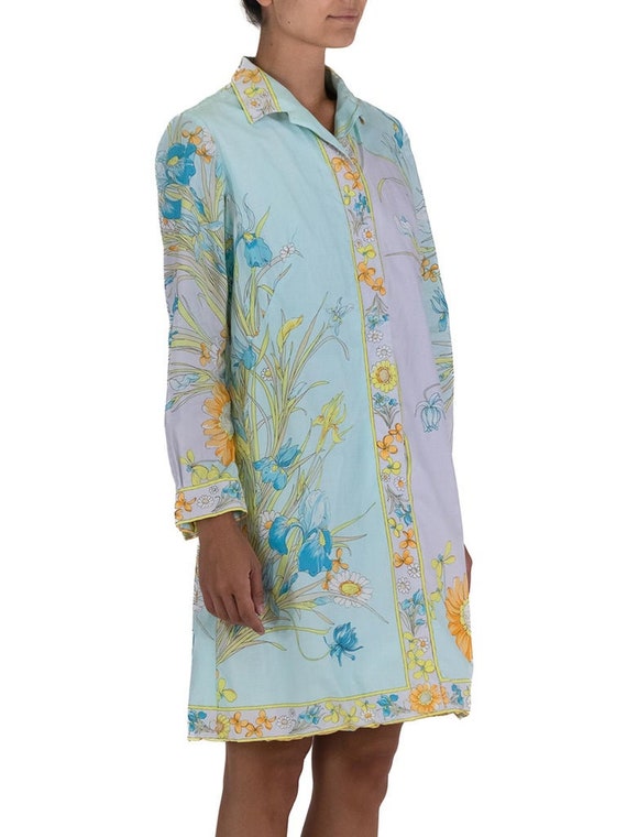 1970S Aqua Blue Shirt Dress With Flower Print - image 3