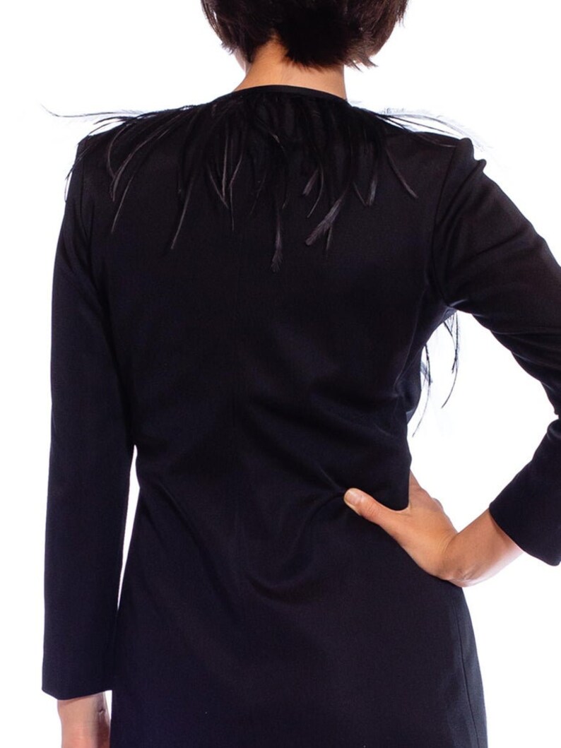1980S Yves Saint Laurent Black Rayon Silk Jersey Long Sleeved Wrap Cocktail Dress With Feathers image 8