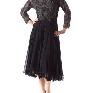 1940s Black Silk Chiffon Dress with Lace Detailing