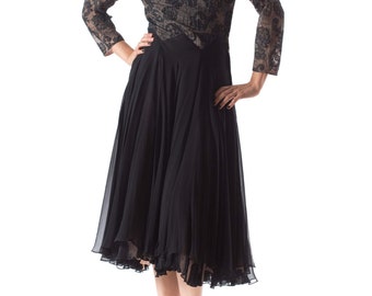 1940S Silk Chiffon & Fine Chantilly Lace Sleeved Cocktail Dress With Very Full Skirt